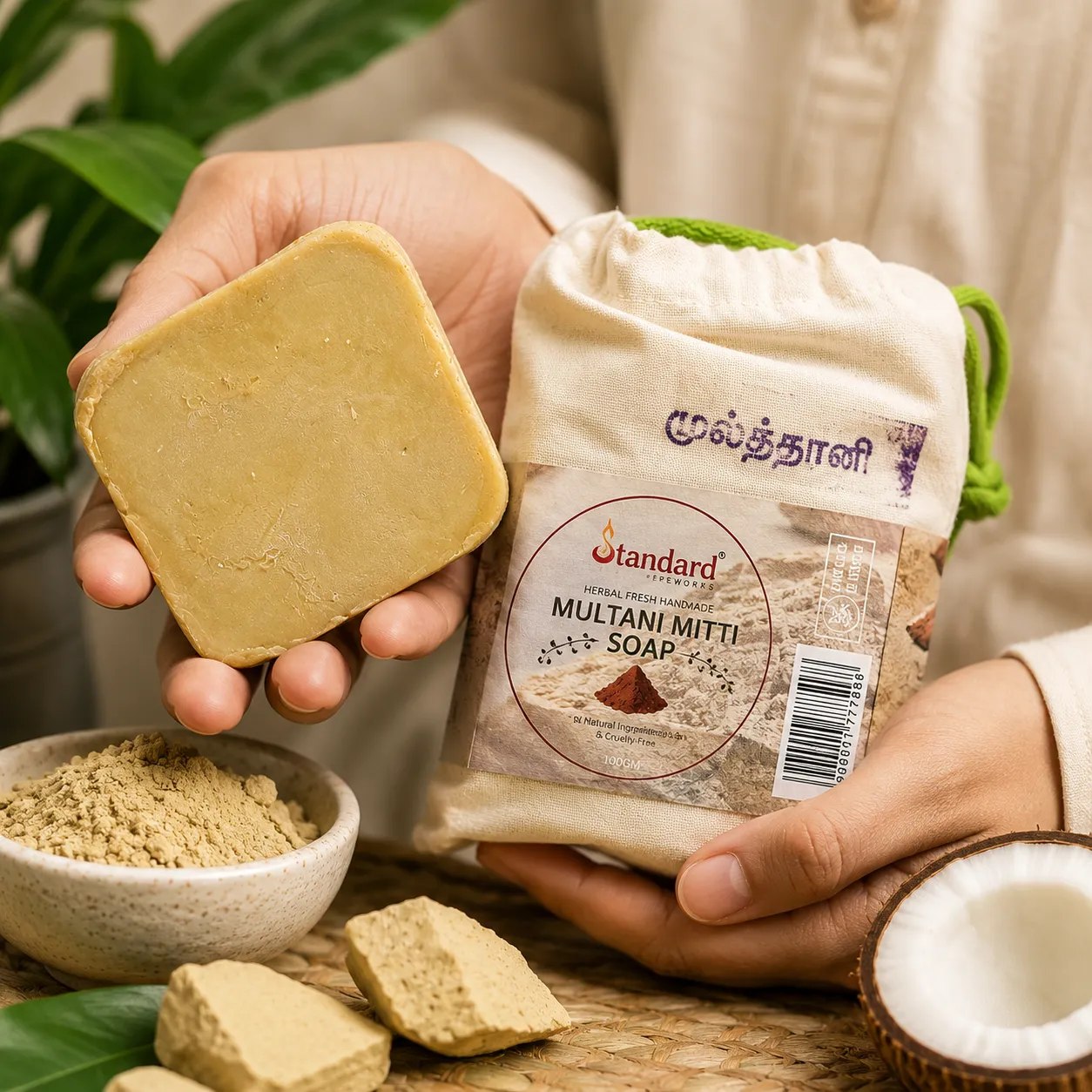 Multani Mitti Soap / முல்தானி மிட்டி சோப் / ಮುಲ್ತಾನಿ ಮಿಟ್ಟಿ ಸೋಪ್ / ముల్తాని మిట్టి సోప్ / मुल्तानी मिट्टी साबुन / മുൽത്താനി മിട്ടി സോപ്പ് (100 Gm) 3 Eco-Friendly Multani Mitti Soap Packaging With Herbal Clay, Natural Ingredients, And Handmade Skincare Product Display.