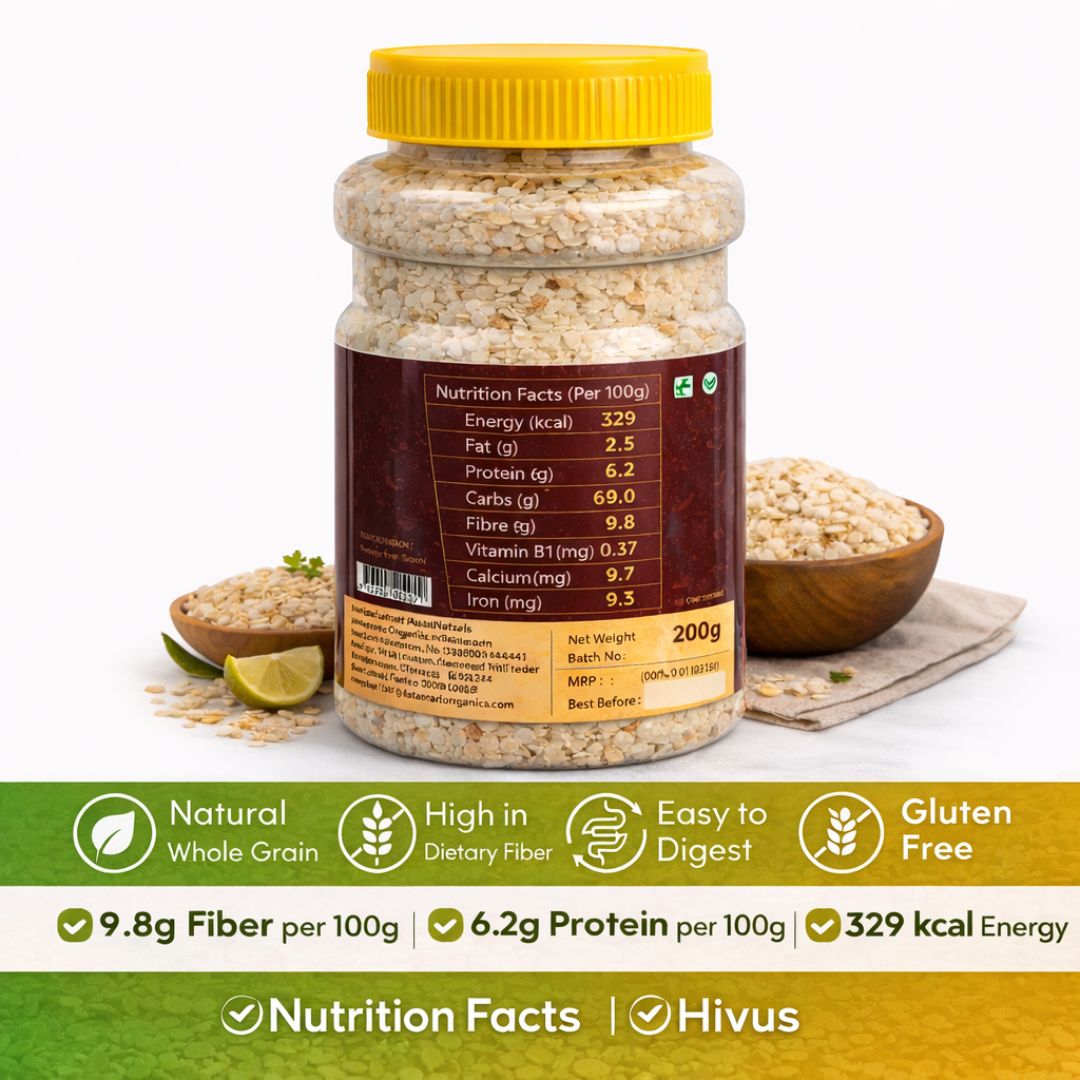 Barnyard Millet Flakes / குதிரைவாலி அவல் / ಅಲೆಗಳು ಅವಲಕ್ಕಿ / ఊడలు అటుకులు / सांवा चेवरा (200 Gm) 2 Barnyard Millet Flakes Nutrition Facts Label Showing Fiber Protein And Energy Values