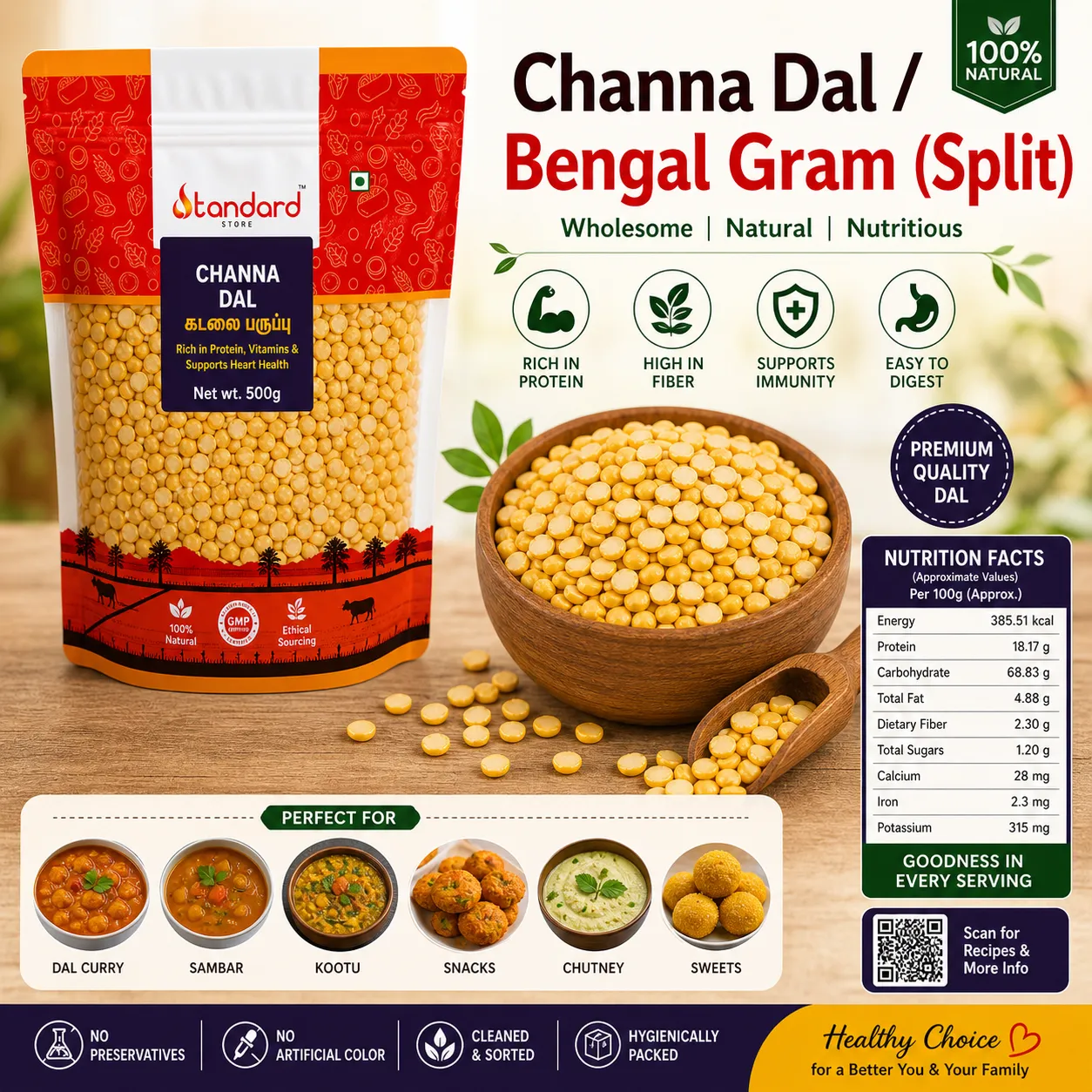Channa Dal / Bengal Gram (Split) / Kadalai Paruppu 4 Fried Gram Dal Nutrition Facts Poster Showing Protein, Fiber, Iron And Healthy Storage Instructions.