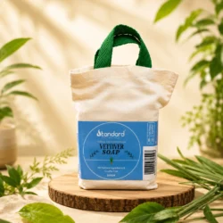 Natural handmade Vetiver soap product advertisement with eco-friendly packaging, herbal roots, and organic skincare background.