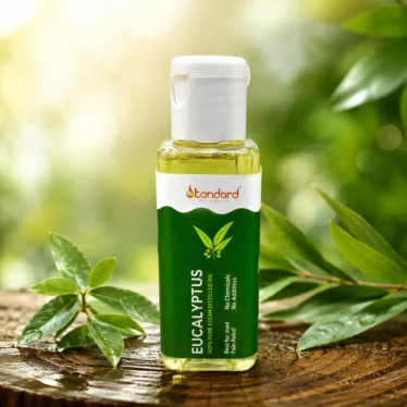 Premium eucalyptus oil promotional banner highlighting respiratory support, hair care and natural wellness benefits