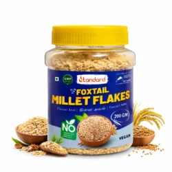 Foxtail millet flakes 200g pack showing vegan, whole grain, and preservative-free product with natural millet grains.
