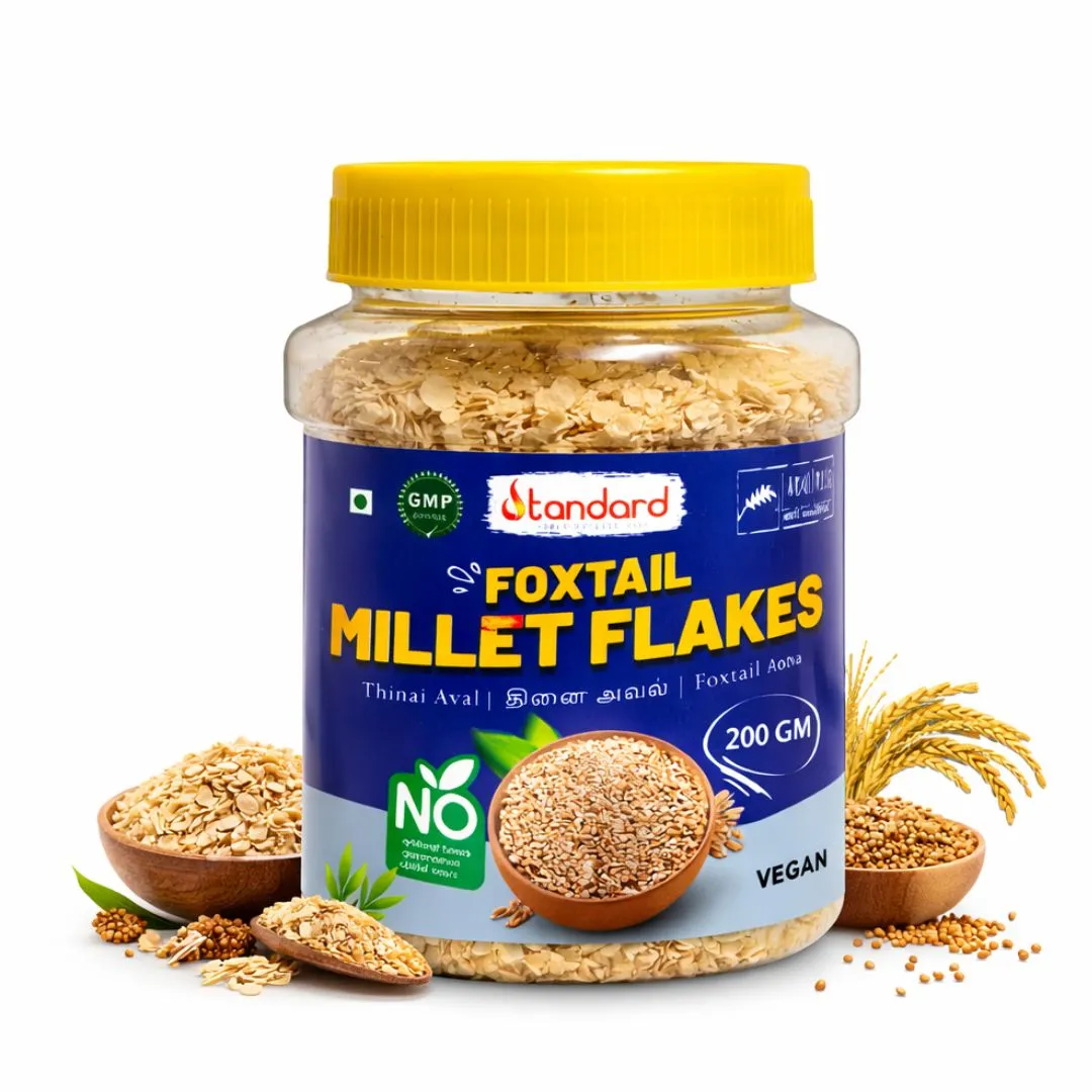 Foxtail millet flakes 200g pack showing vegan, whole grain, and preservative-free product with natural millet grains.