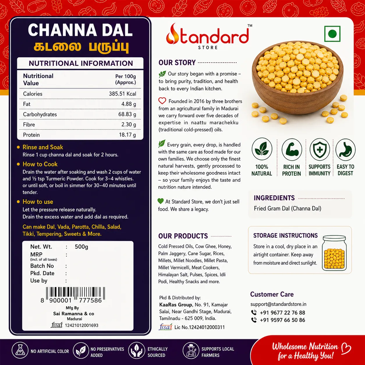 Channa Dal / Bengal Gram (Split) / Kadalai Paruppu 3 Channa Dal Nutritional Information Label With Cooking Instructions, Ingredients, Storage Details And Health Benefits.