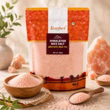 Premium Himalayan Nice Salt pouch displayed with wooden bowls of pink salt crystals and Himalayan rock salt background.