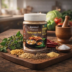 Traditional Thuthuvalai Podi spice mix in jar with natural ingredients like pepper, cumin, and lentils on wooden board