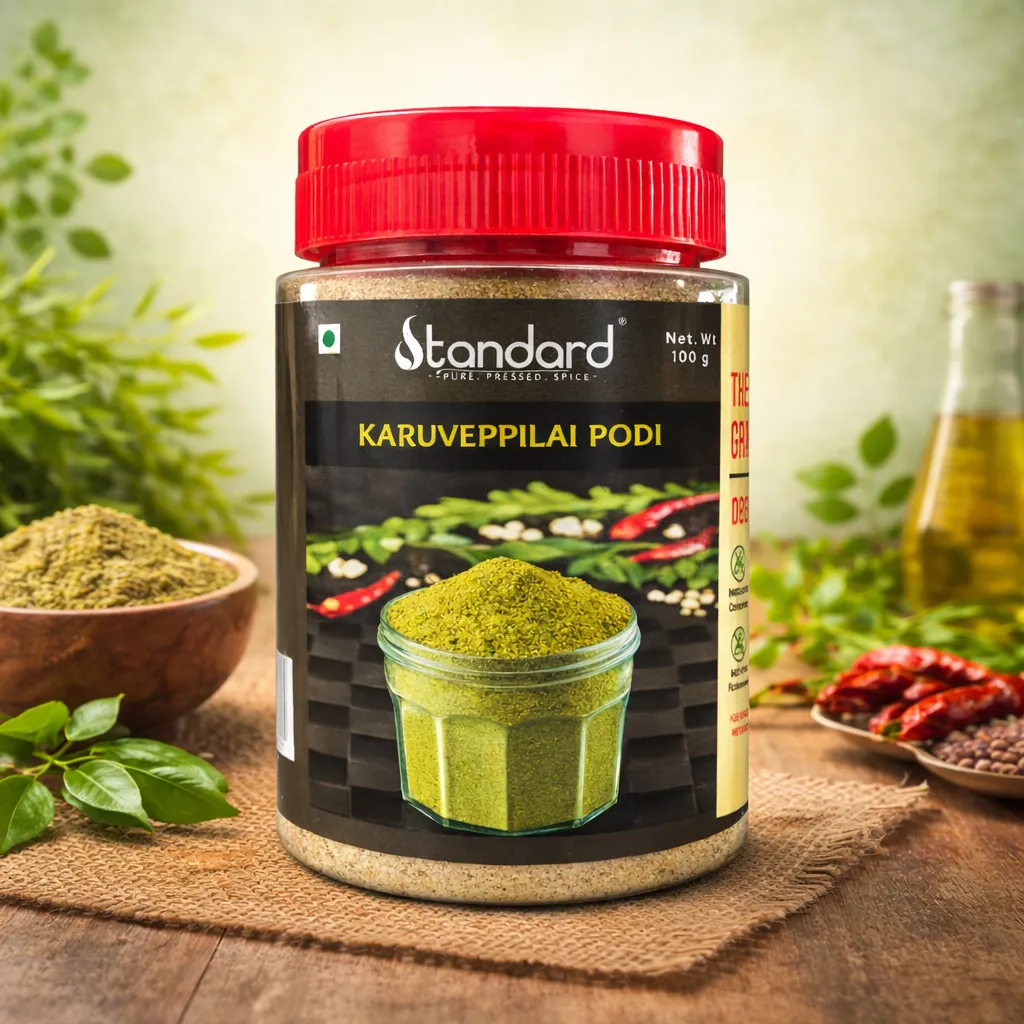 Natural karuveppilai podi curry leaf spice powder in jar with fresh ingredients and traditional South Indian flavor