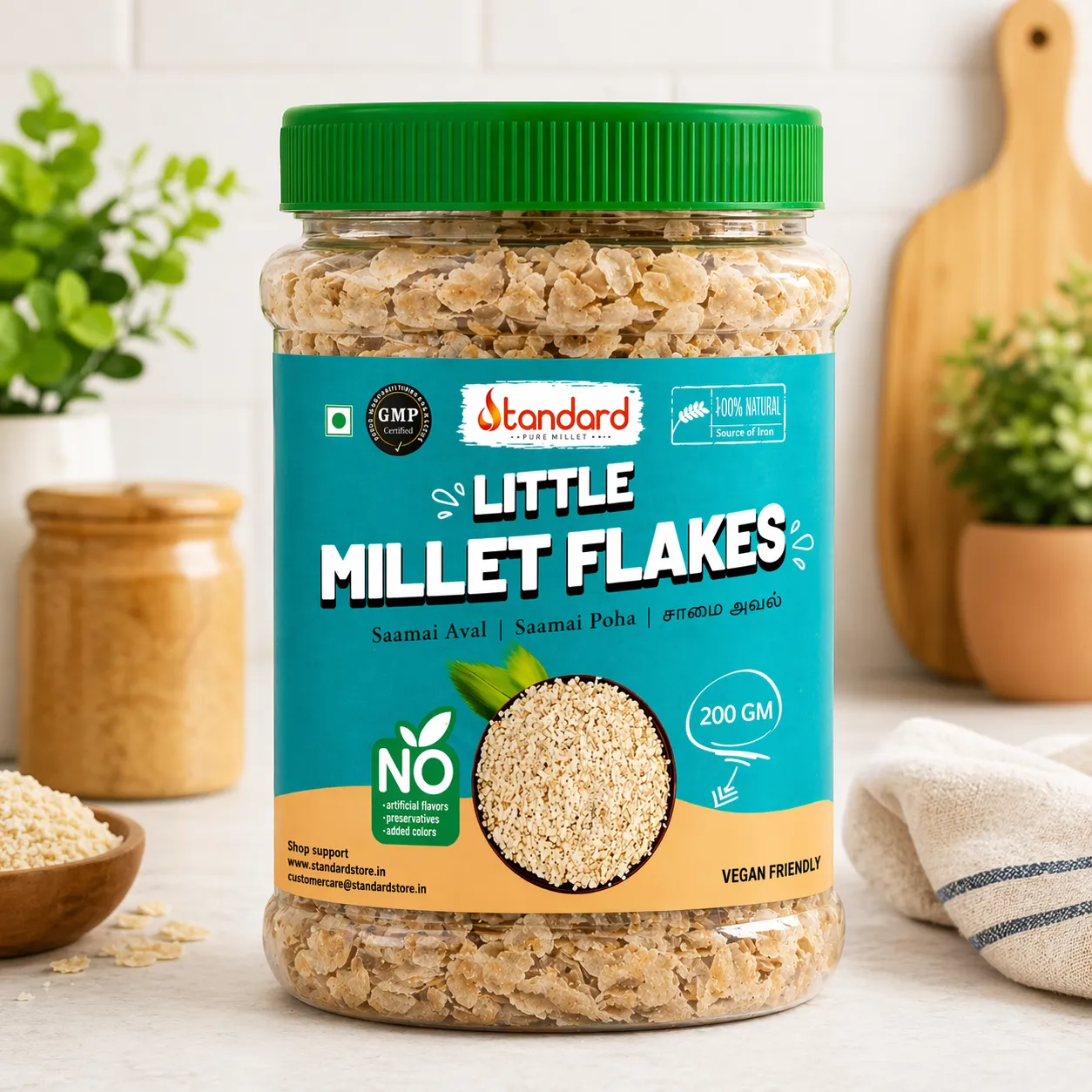 Little millet flakes saamai aval 200g healthy millet breakfast product in kitchen background