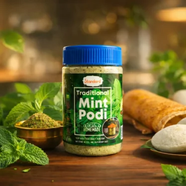 Mint podi ingredients including lentils, chilli, hing, curry leaves and salt displayed with jar