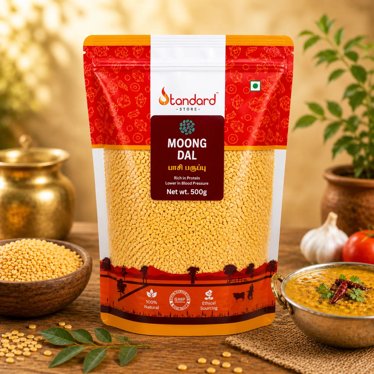 premium quality moong dal pack with raw lentils and cooked dal showcasing natural healthy product