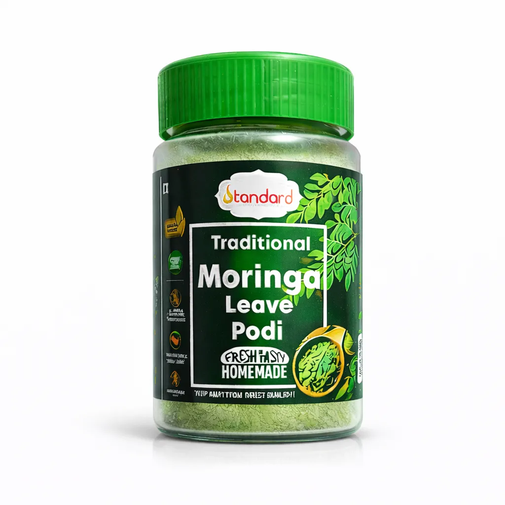 Traditional moringa leaf podi powder in jar homemade healthy South Indian spice mix