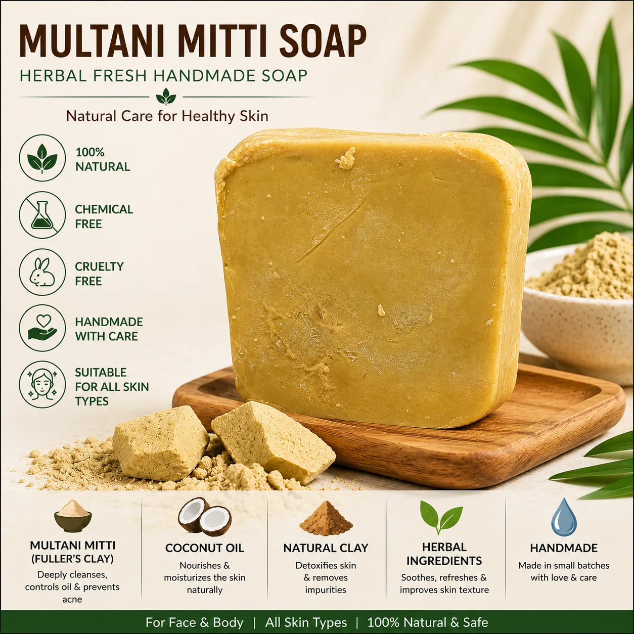 Multani Mitti Soap / முல்தானி மிட்டி சோப் / ಮುಲ್ತಾನಿ ಮಿಟ್ಟಿ ಸೋಪ್ / ముల్తాని మిట్టి సోప్ / मुल्तानी मिट्टी साबुन / മുൽത്താനി മിട്ടി സോപ്പ് (100 Gm) 4 Hand Holding Handmade Multani Mitti Soap And Eco-Friendly Soap Pouch With Natural Clay And Herbal Ingredients.