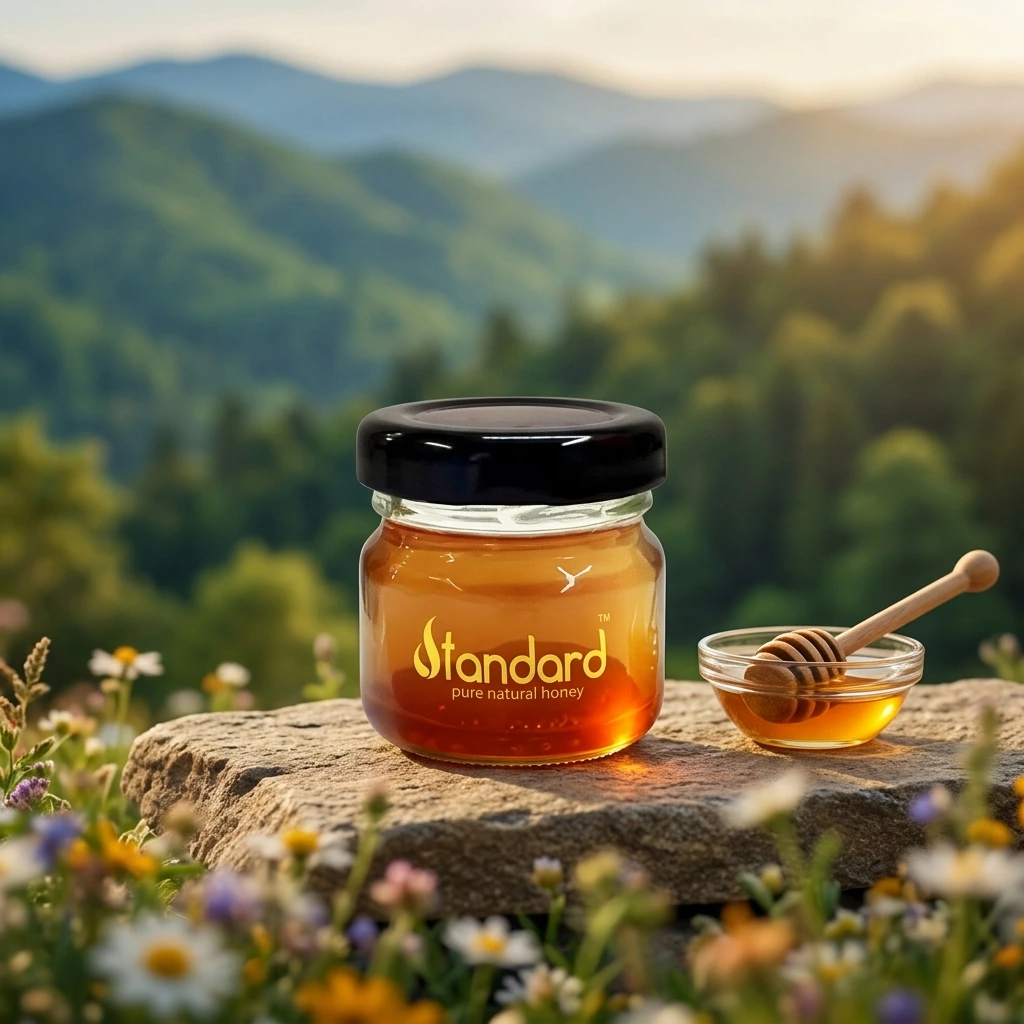 Multi Floral Honey Glass Jar With Label In Outdoor Setting, பல மலர் தேன் Pure Natural Honey With Golden Color