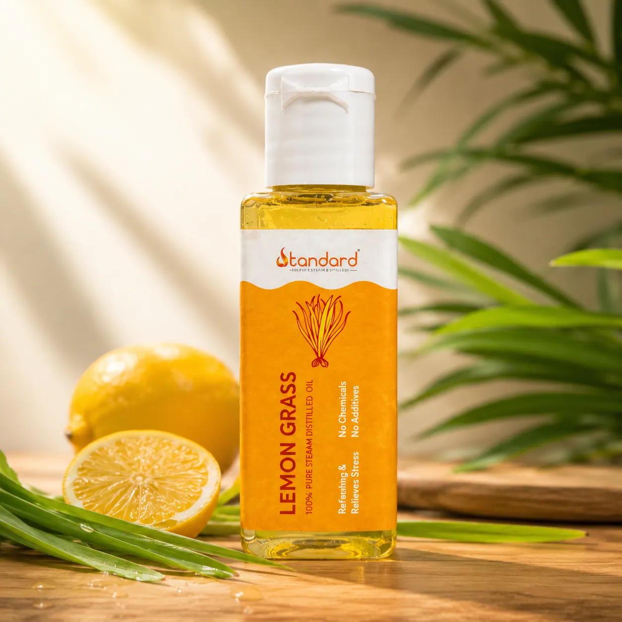 Standard Lemongrass Oil made from pure steam distilled lemongrass for aromatherapy and wellness use
