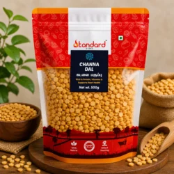 Standard Store Channa Dal packaging mockup with natural Bengal Gram Split and premium grocery branding.