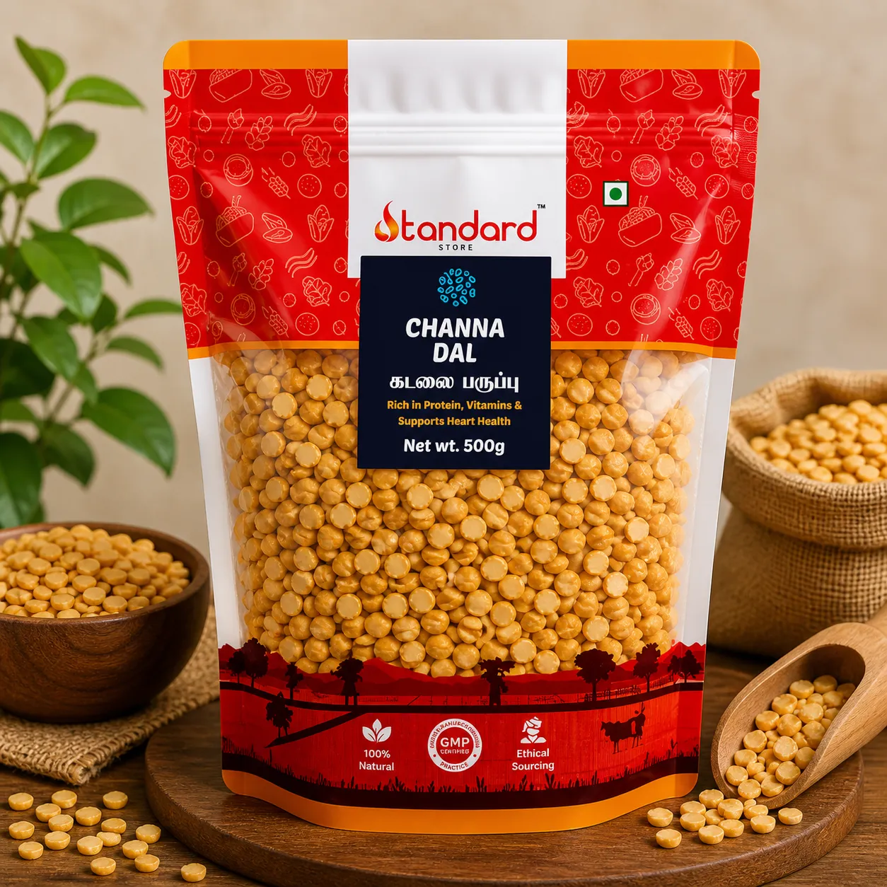 Standard Store Channa Dal Packaging Mockup With Natural Bengal Gram Split And Premium Grocery Branding.