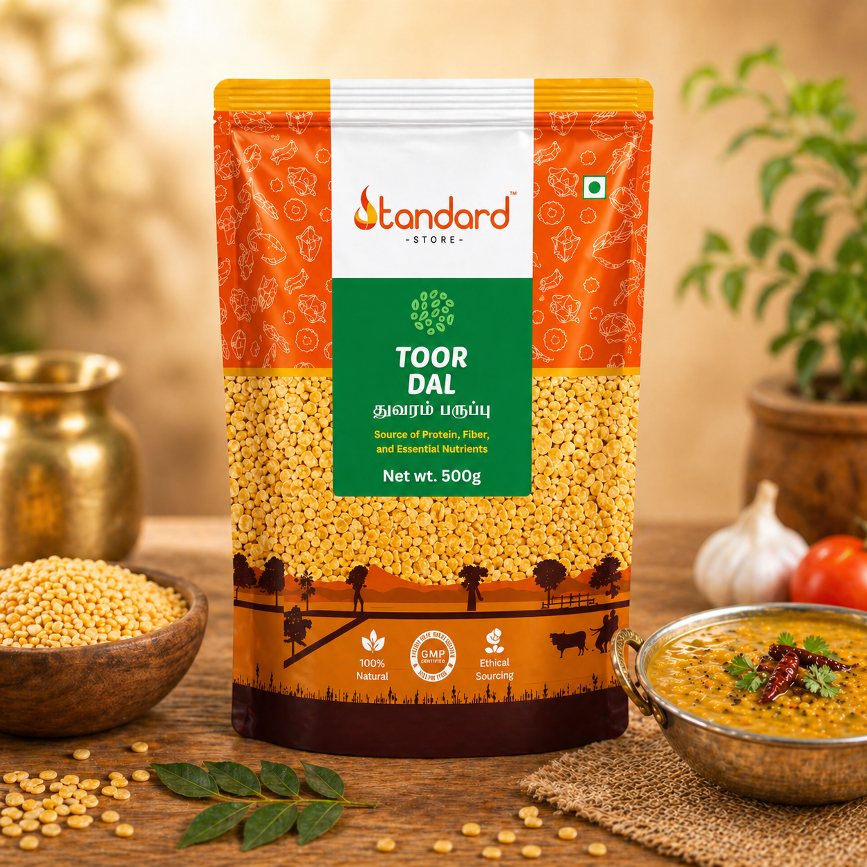 Premium toor dal product with raw dal grains and cooked dal in traditional kitchen setup natural organic pulses