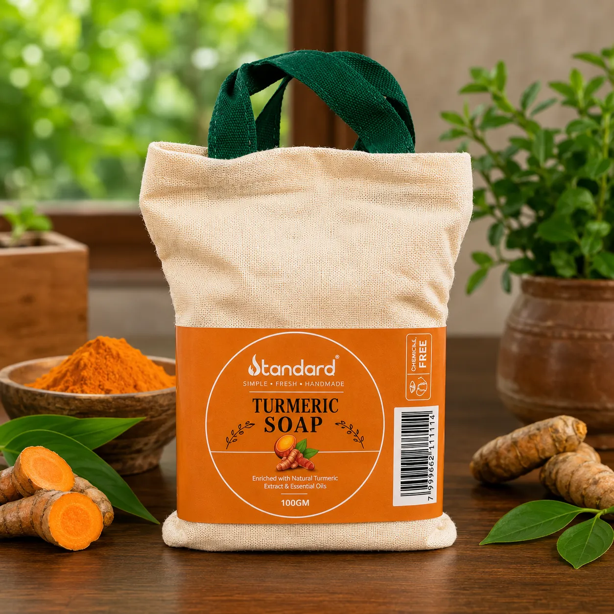 Natural handmade turmeric soap bar with turmeric roots and herbal skincare setup on wooden background.