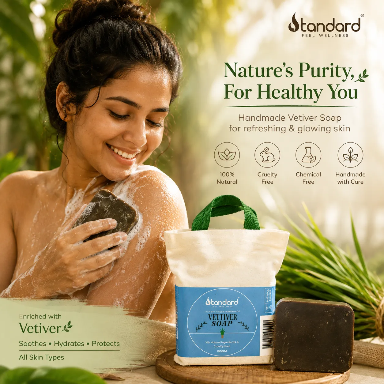 Vettiver Soap / சோப் / ವೆಟಿವರ್ ಸೋಪ್ / వెటివర్ సోప్ / वेटीवर साबुन / വെട്ടിവേർ സോപ്പ് (100 Gm) 4 Eco-Friendly Vetiver Soap Pouch Packaging Displayed With Herbal Roots And Green Natural Background.