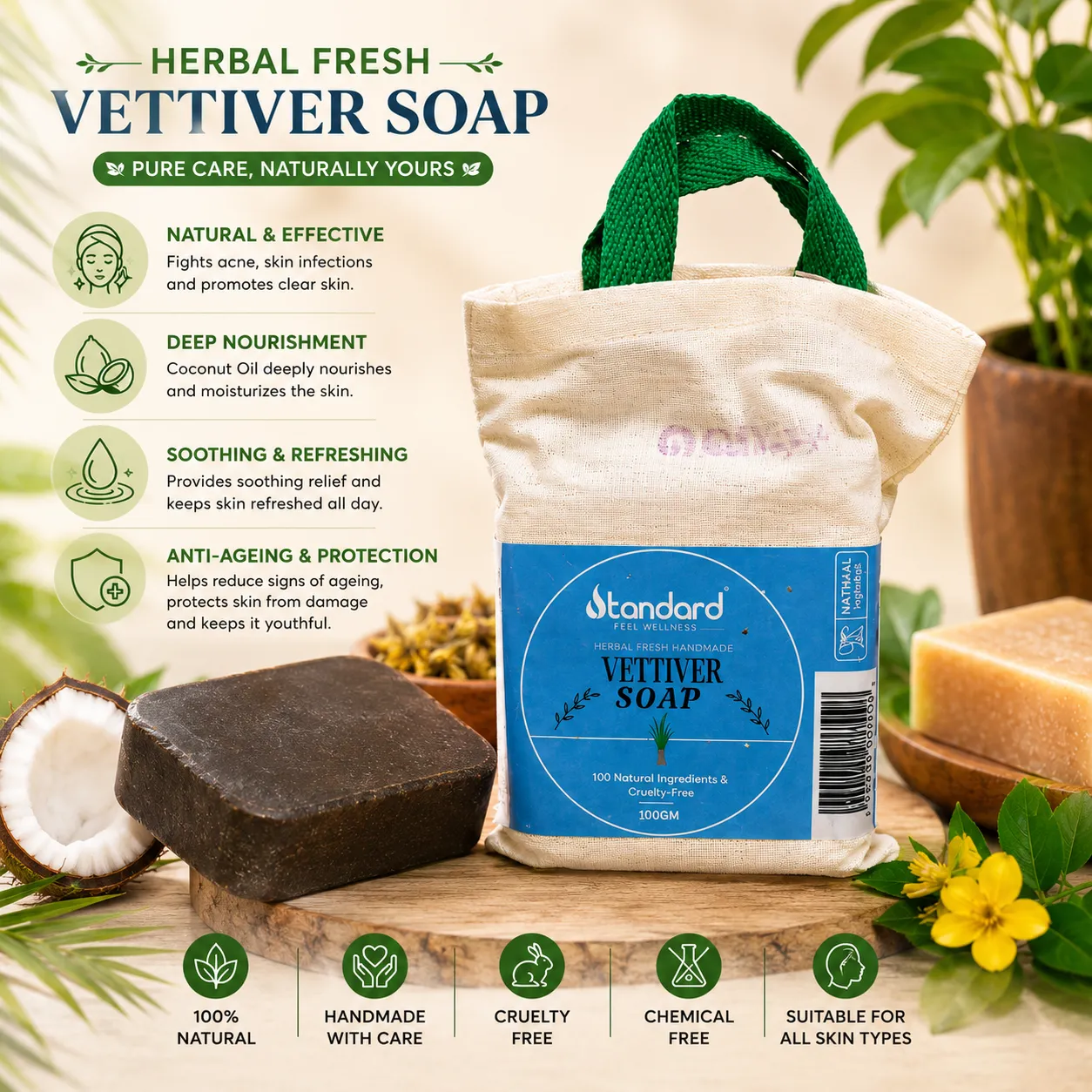 Vettiver Soap / சோப் / ವೆಟಿವರ್ ಸೋಪ್ / వెటివర్ సోప్ / वेटीवर साबुन / വെട്ടിവേർ സോപ്പ് (100 Gm) 5 Vettiver Soap / சோப் / ವೆಟಿವರ್ ಸೋಪ್ / వెటివర్ సోప్ / वेटीवर साबुन / വെട്ടിവേർ സോപ്പ് (100 Gm) - Image 5