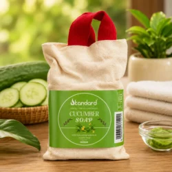 tandard cucumber soap how-to-use infographic with skincare benefits, natural ingredients, and daily usage instructions in a fresh green spa background.
