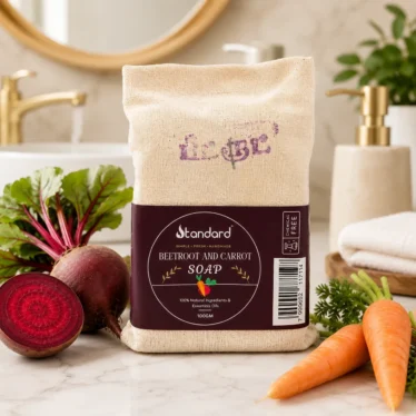 Standard Beetroot and Carrot Soap front packaging in bathroom setup with fresh beetroot and carrots for natural skincare.