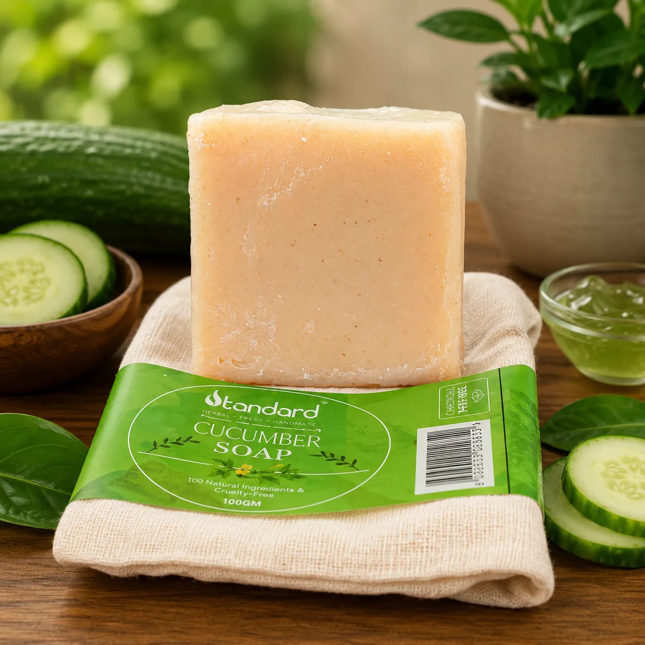 Cucumber Soap / வெள்ளரிக்காய் சோப்பு / ಸೌತೆಕಾಯಿ ಸಾಬು / కుకుమ్బర సోప్ / ककड़ी साबुन / വെള്ളരി സോപ്പ്100Gm 2 Handmade Cucumber Soap Bar With Eco-Friendly Packaging Placed On Wooden Table With Fresh Cucumber Slices And Green Botanical Background.