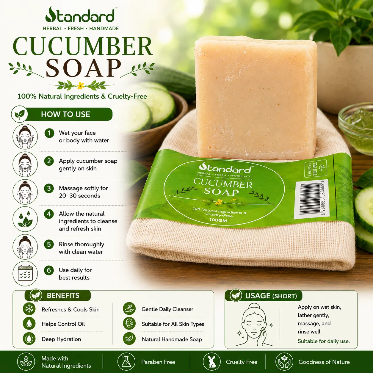 Cucumber Soap / வெள்ளரிக்காய் சோப்பு / ಸೌತೆಕಾಯಿ ಸಾಬು / కుకుమ్బర సోప్ / ककड़ी साबुन / വെള്ളരി സോപ്പ്100Gm 4 Front Packaging Design Of Standard Cucumber Soap With Natural Cucumber Extracts, Cruelty-Free Label, And Herbal Skincare Presentation.