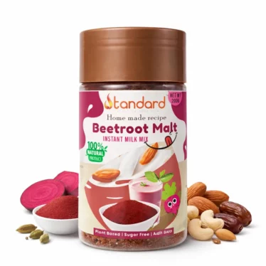 Standard Beetroot Malt Instant Milk Mix – 100% natural plant-based health drink powder made with beetroot, almonds, cashews, and dates.
