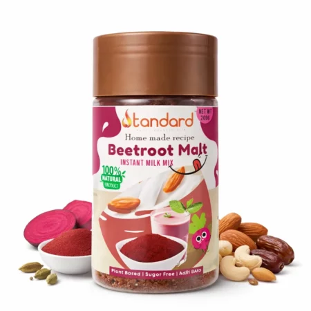 Standard Beetroot Malt Instant Milk Mix – 100% natural plant-based health drink powder made with beetroot, almonds, cashews, and dates.