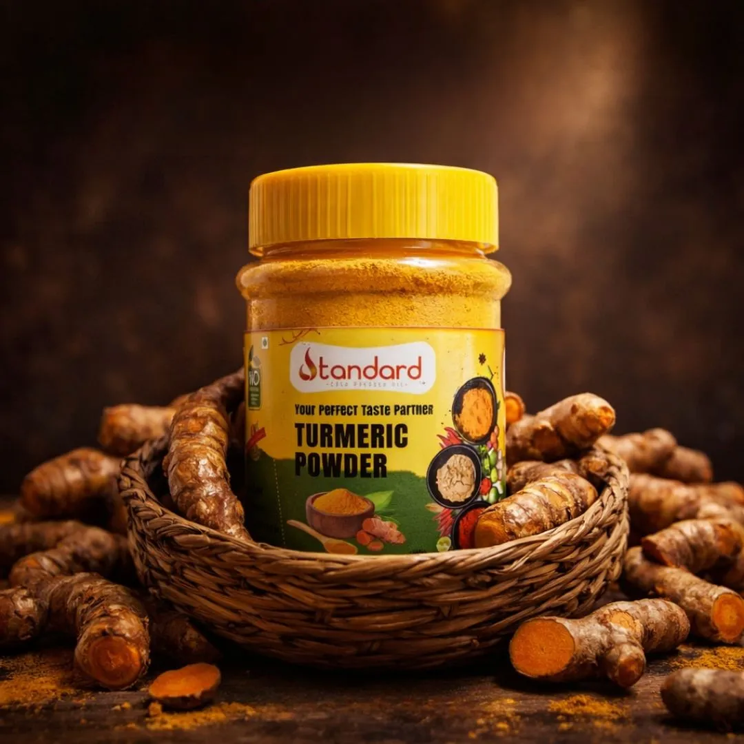 Premium turmeric powder jar placed in basket with fresh turmeric roots – natural Indian spice product