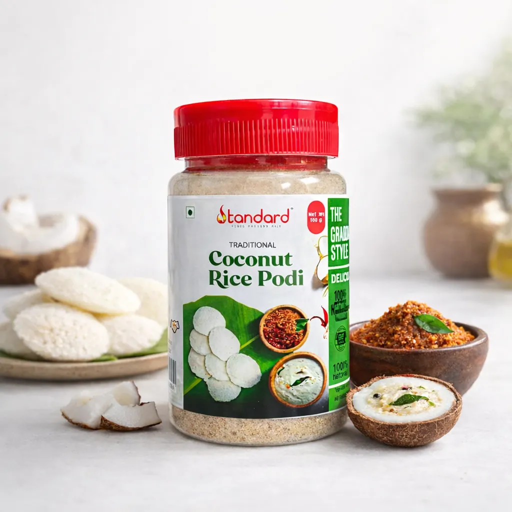 Traditional Coconut Rice Podi jar with idli, chutney, and coconut – healthy South Indian podi for rice and breakfast