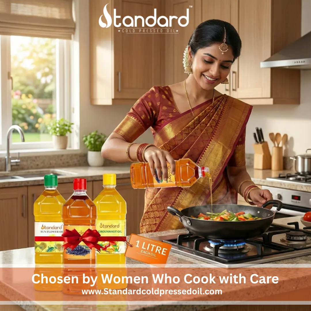 South Indian Cooking Oil Combo Pack With Wooden Cold Pressed Groundnut, Sunflower And Sesame Oil, 1 Litre Each South Indian Cooking Oil Combo Pack With Wooden Cold Pressed Groundnut, Sunflower And Sesame Oil, 1 Litre Each