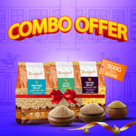 Indian Millet Combo Barnyard Millet, Little Millet, and Foxtail Millet (500g each) for nutritious and wholesome meals.