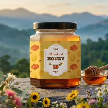 Wild forest honey in glass jar placed in mountain landscape, raw organic honey collected from forest nectar