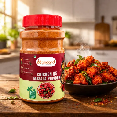 Chicken 65 masala powder with crispy chicken dish showing bold spicy flavor and premium quality spices