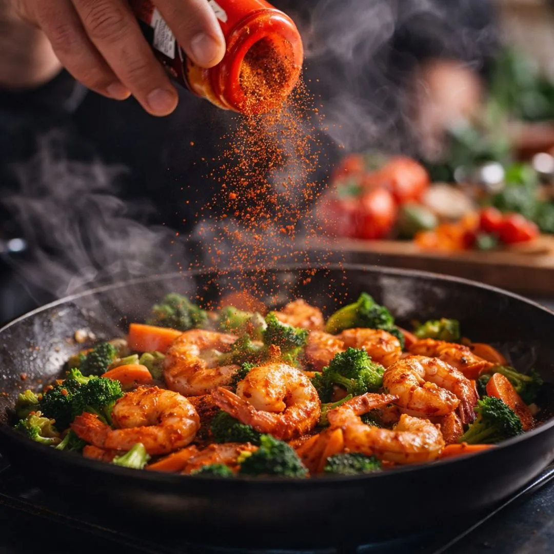 Kashmri Red Chilli Powder 100G 3 Sprinkling Chilli Powder Into Shrimp Stir Fry Cooking In Pan With Vegetables