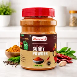 Curry powder 250g jar placed in kitchen background with spices for South Indian cooking