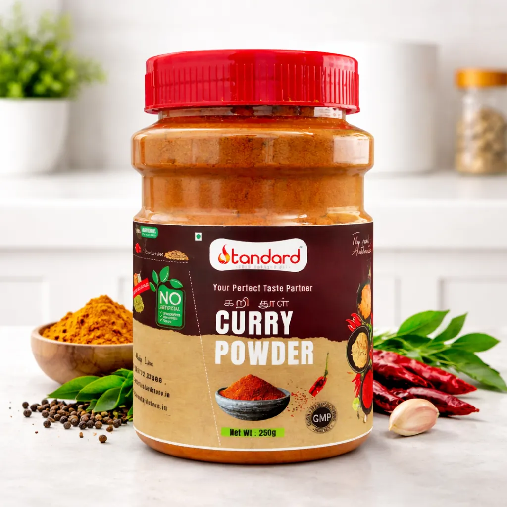 Curry powder 250g jar placed in kitchen background with spices for South Indian cooking
