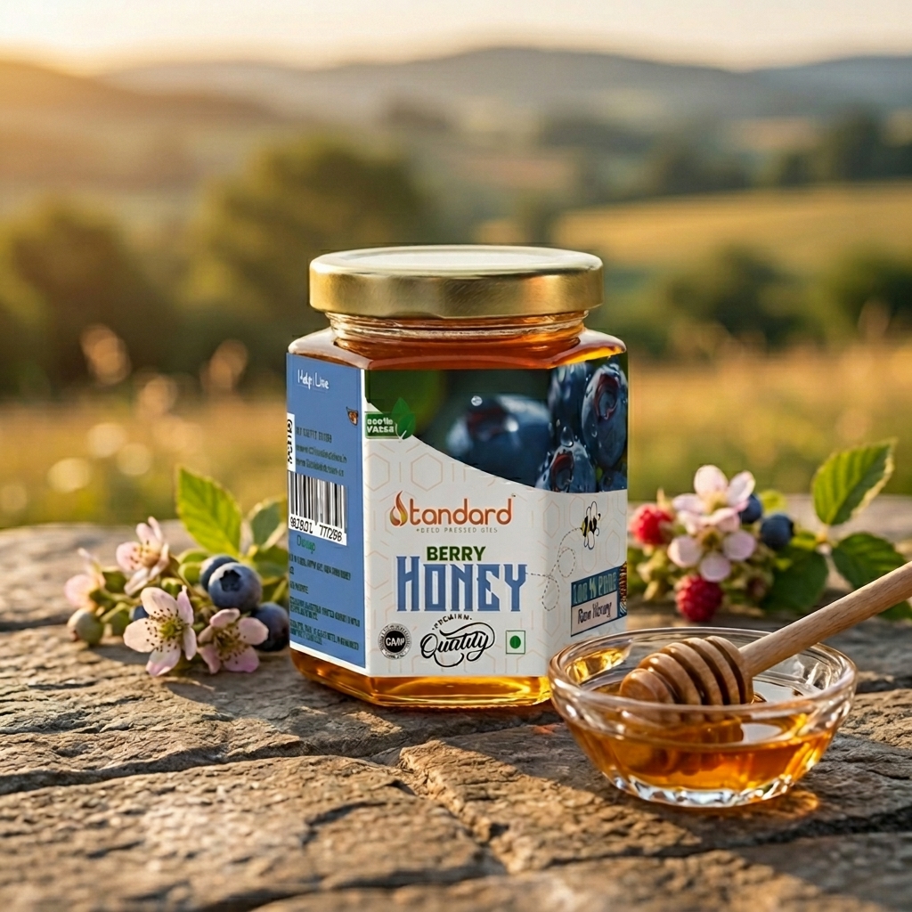 Natural Berry Honey In Glass Jar With Wooden Dipper, Placed Outdoors With Fresh Berries And Flowers, Pure Organic Honey Product