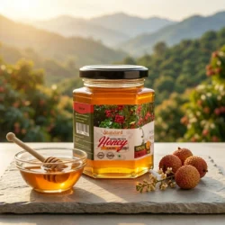 Raw natural litchi honey in glass jar with honey dipper and fresh litchi fruits, premium quality honey from Madurai