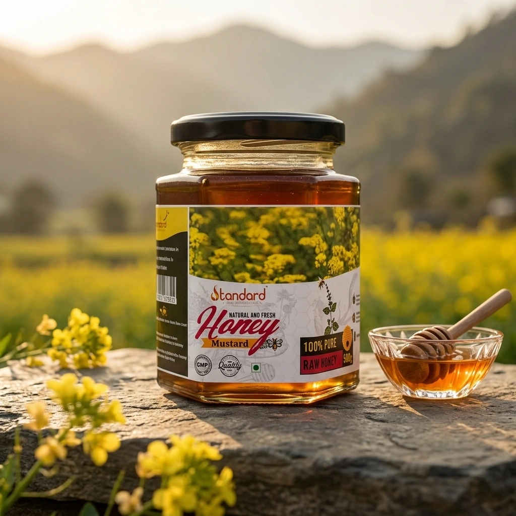 100 Percent Pure Mustard Honey In Glass Jar With Honey Dipper And Mustard Flowers, Natural Organic Honey Product