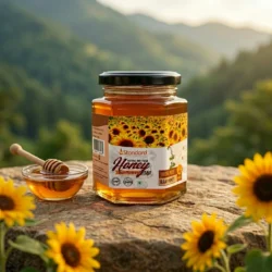 Pure raw sunflower honey in glass jar with honey dipper placed in sunflower field background, natural honey India