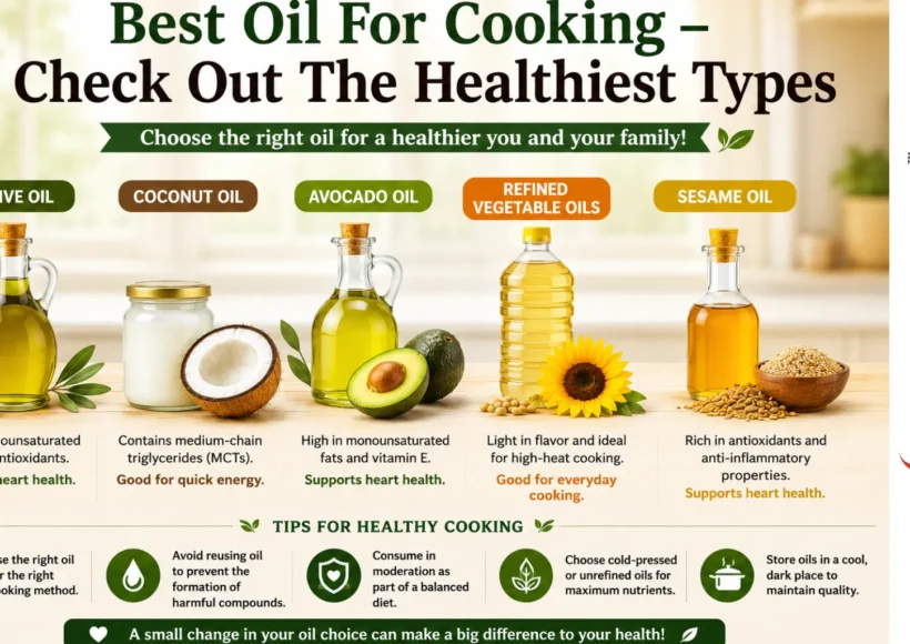 Best Oil For Cooking - Check Out The Healthiest Types! 6 Best Cooking Oils Comparison Chart Showing Olive Oil, Coconut Oil, Avocado Oil, Refined Vegetable Oil, And Sesame Oil With Health Benefits And Healthy Cooking Tips