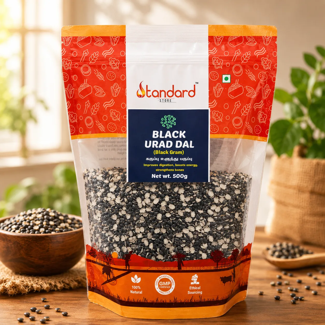 Premium Black Urad Dal (Black Gram) 500g pack with health benefits and natural organic branding