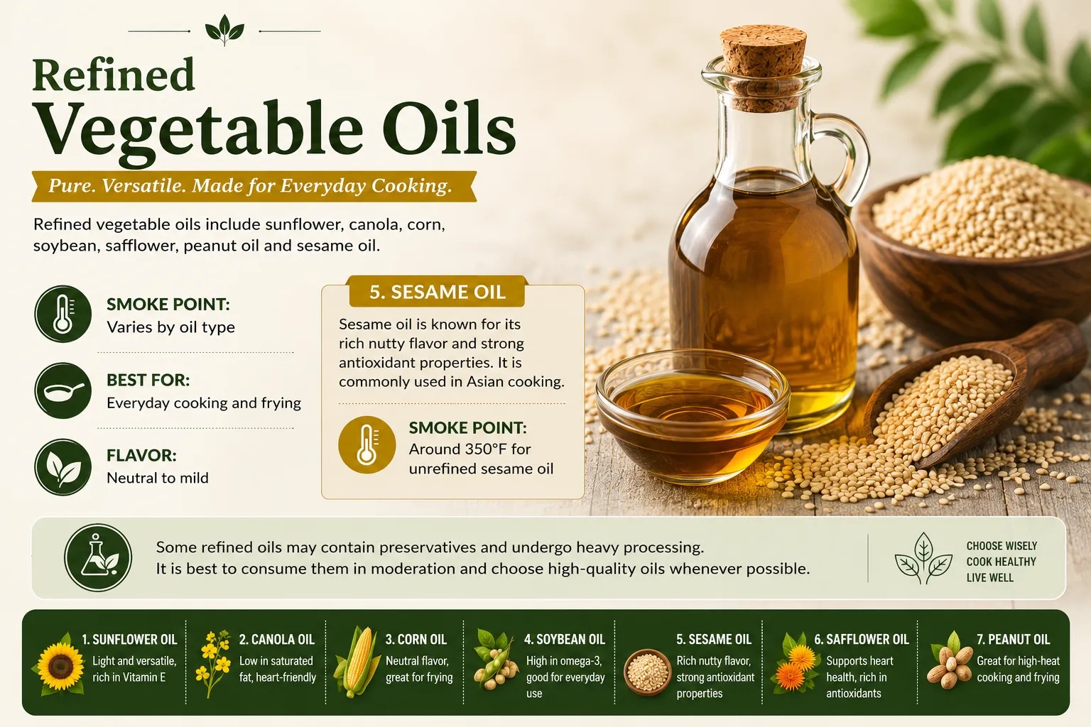 Educational Infographic Explaining Refined Vegetable Oils And Sesame Oil Benefits, Including Smoke Point, Cooking Uses, Antioxidant Properties, And Healthy Oil Comparison Chart.