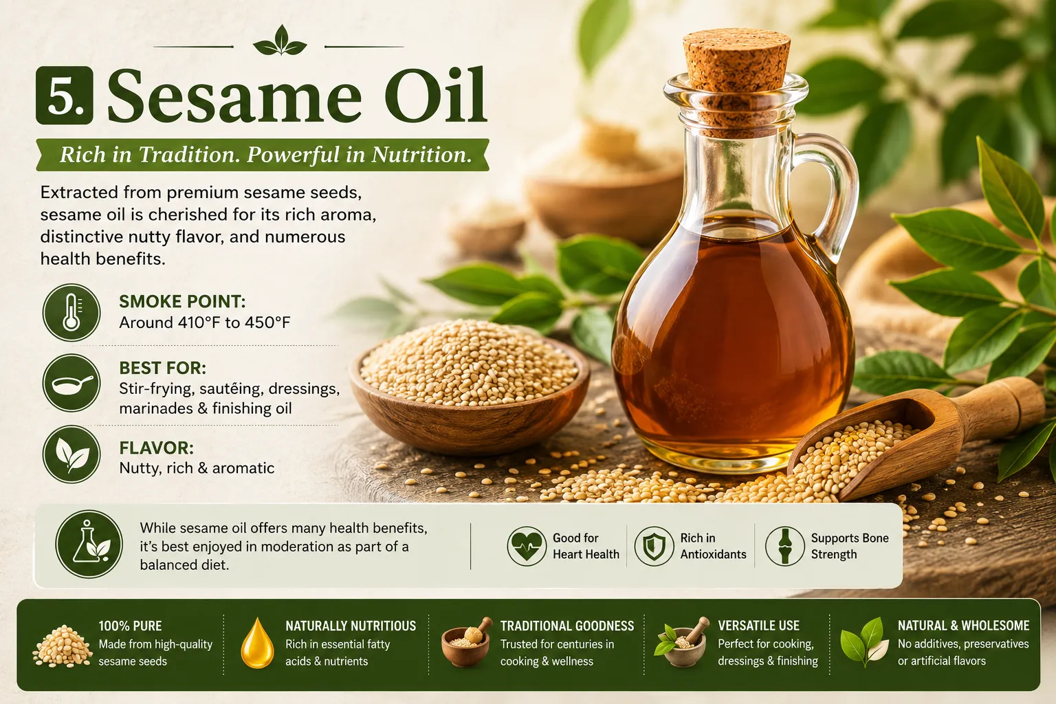 Infographic About Sesame Oil Showing Smoke Point, Health Benefits, Nutty Flavor, Antioxidant Properties, And Best Cooking Uses With Sesame Seeds And Oil Bottle.