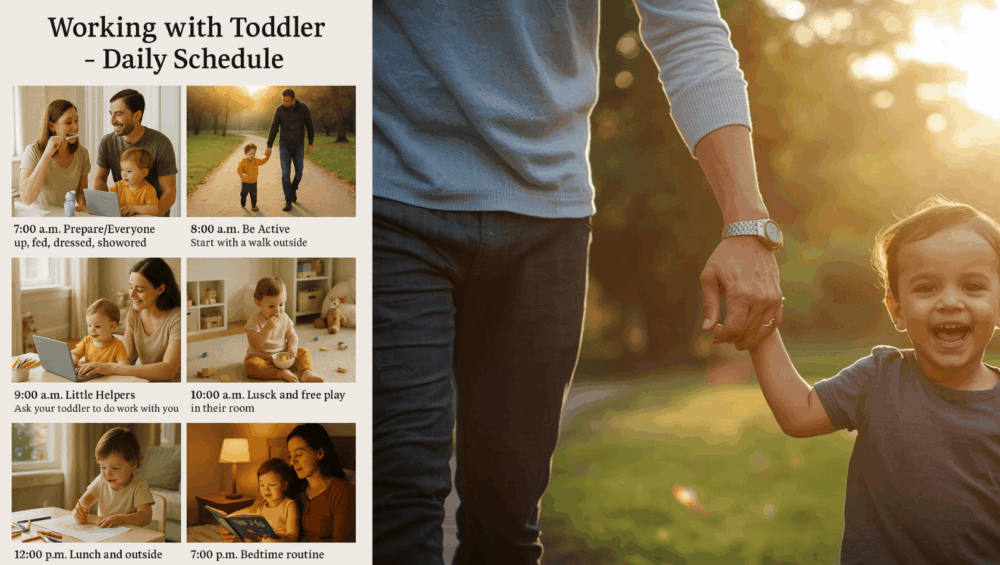 A Cheerful Parent Working From Home With A Toddler Nearby, Showing Daily Activities Like Morning Prep, Outdoor Walk, Snack Time, Creative Play, And Bedtime Reading — A Warm, Family-Oriented Daily Schedule For Parents Balancing Work And Childcare.