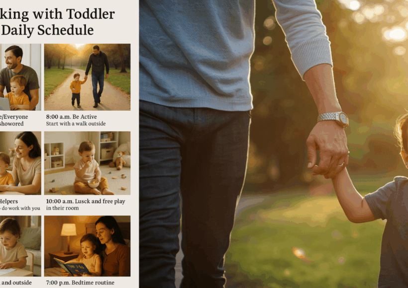 A Cheerful Parent Working From Home With A Toddler Nearby, Showing Daily Activities Like Morning Prep, Outdoor Walk, Snack Time, Creative Play, And Bedtime Reading — A Warm, Family-Oriented Daily Schedule For Parents Balancing Work And Childcare.
