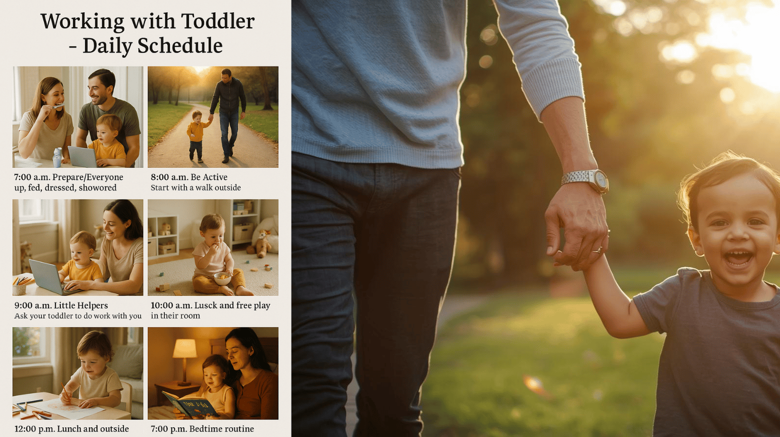 A Cheerful Parent Working From Home With A Toddler Nearby, Showing Daily Activities Like Morning Prep, Outdoor Walk, Snack Time, Creative Play, And Bedtime Reading — A Warm, Family-Oriented Daily Schedule For Parents Balancing Work And Childcare.